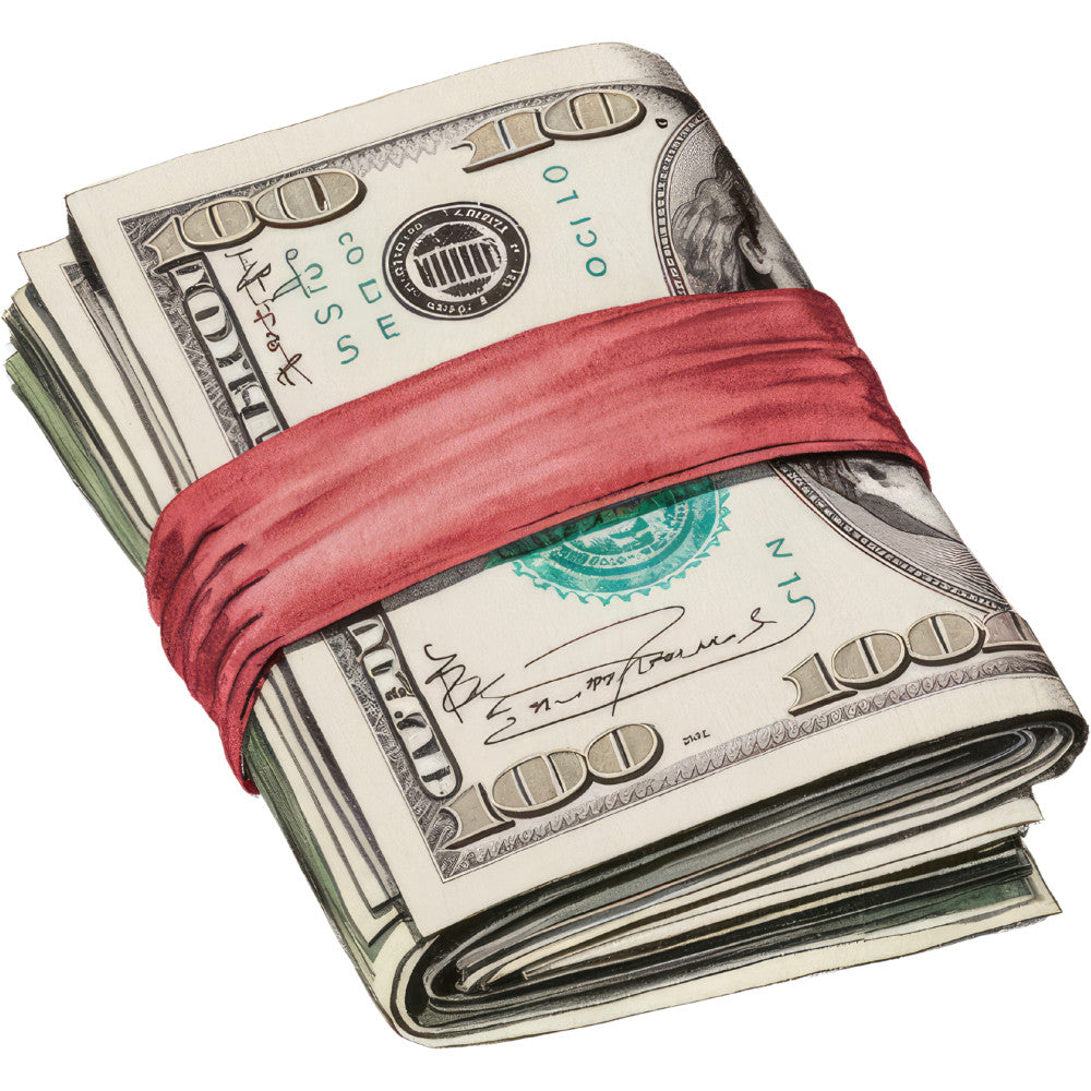 watercolor, casino, money, dollar bills, red rubber band, cash bundle, gambling, beige, green, red, currency, financial, realistic art, fabric panel, quilting cotton, gaming theme, banknotes, folded bills, wealth, money clip