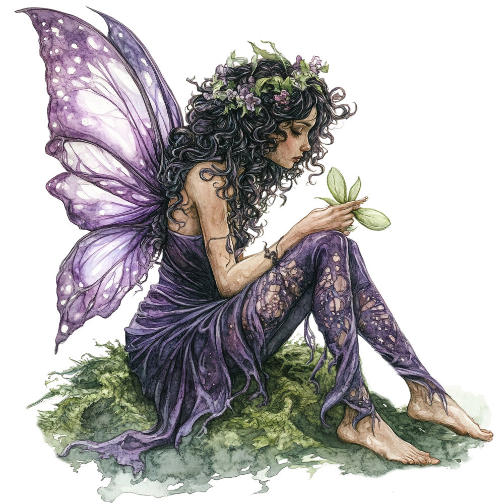 fairy, fantasy, purple, lavender, deep purple, dark purple, moss green, sage green, whimsical, magical, nature, botanical, fairy wings, flowers, floral, curly hair, figure portrait, ethereal, enchanted, storybook, illustration art, woodland, garden, spring, summer, elegant, dreamy, mystical, folklore, fairy tale