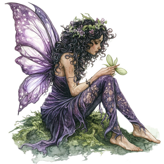 fairy, fantasy, purple, lavender, deep purple, dark purple, moss green, sage green, whimsical, magical, nature, botanical, fairy wings, flowers, floral, curly hair, figure portrait, ethereal, enchanted, storybook, illustration art, woodland, garden, spring, summer, elegant, dreamy, mystical, folklore, fairy tale