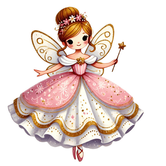 fairy, fairy tale, whimsical, magical, princess, ballet, tutu, wings, gold, pink, cream, rose pink, coral, lavender, floral crown, flowers, stars, magic wand, elegant, fantasy, girl, children, nursery, baby girl, spring, enchanted, sparkly, glitter, decorative, illustration