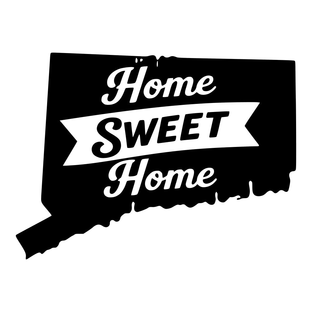 home sweet home, black and white, typography, text design, inspirational, motivational, vintage style, retro, banner design, script lettering, home decor, wall hanging, state silhouette, connecticut, rustic, farmhouse style, country living, family sentiment, housewarming, home themed, monochrome, classic design, traditional style, quote design, decorative text, elegant lettering