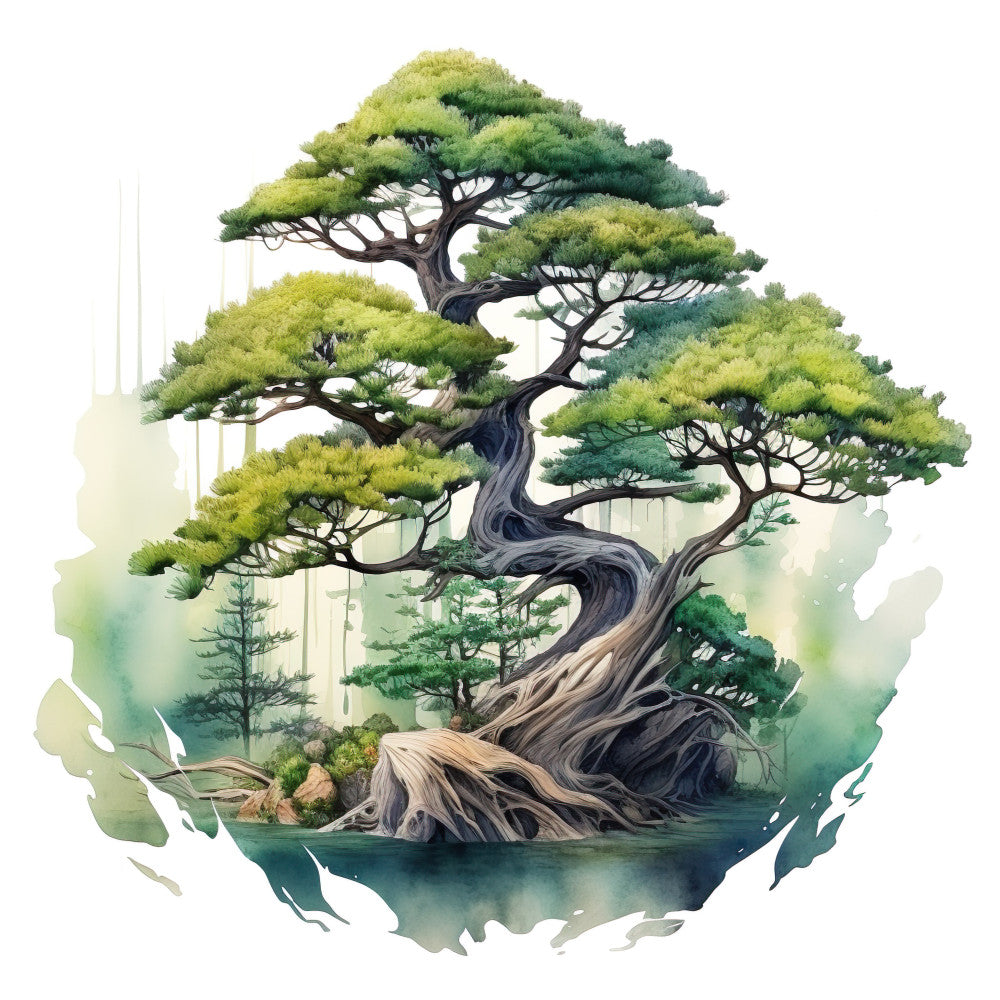 watercolor, bonsai tree, sage green, forest green, lime green, brown trunk, twisted branches, nature scene, botanical art, serene mood, fabric panel, quilting cotton, asian inspired, zen garden, peaceful landscape, organic shapes, flowing design, natural tones, misty background, artistic illustration
