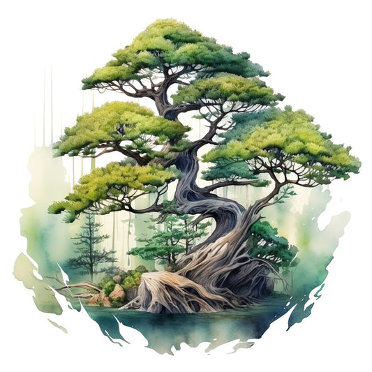 watercolor, bonsai tree, sage green, forest green, lime green, brown trunk, twisted branches, nature scene, botanical art, serene mood, fabric panel, quilting cotton, asian inspired, zen garden, peaceful landscape, organic shapes, flowing design, natural tones, misty background, artistic illustration