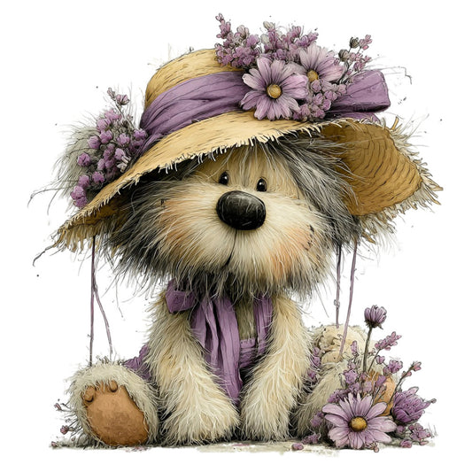 lavender, mauve, cream, tan, golden yellow, straw yellow, cute dog, fluffy puppy, shih tzu, long-haired dog, floral, daisies, purple flowers, whimsical, charming, adorable, springtime, garden theme, nature, animal, storybook style, children's, nursery, baby quilt, wall hanging, illustration style, pastoral, country cottage, sweet, gentle