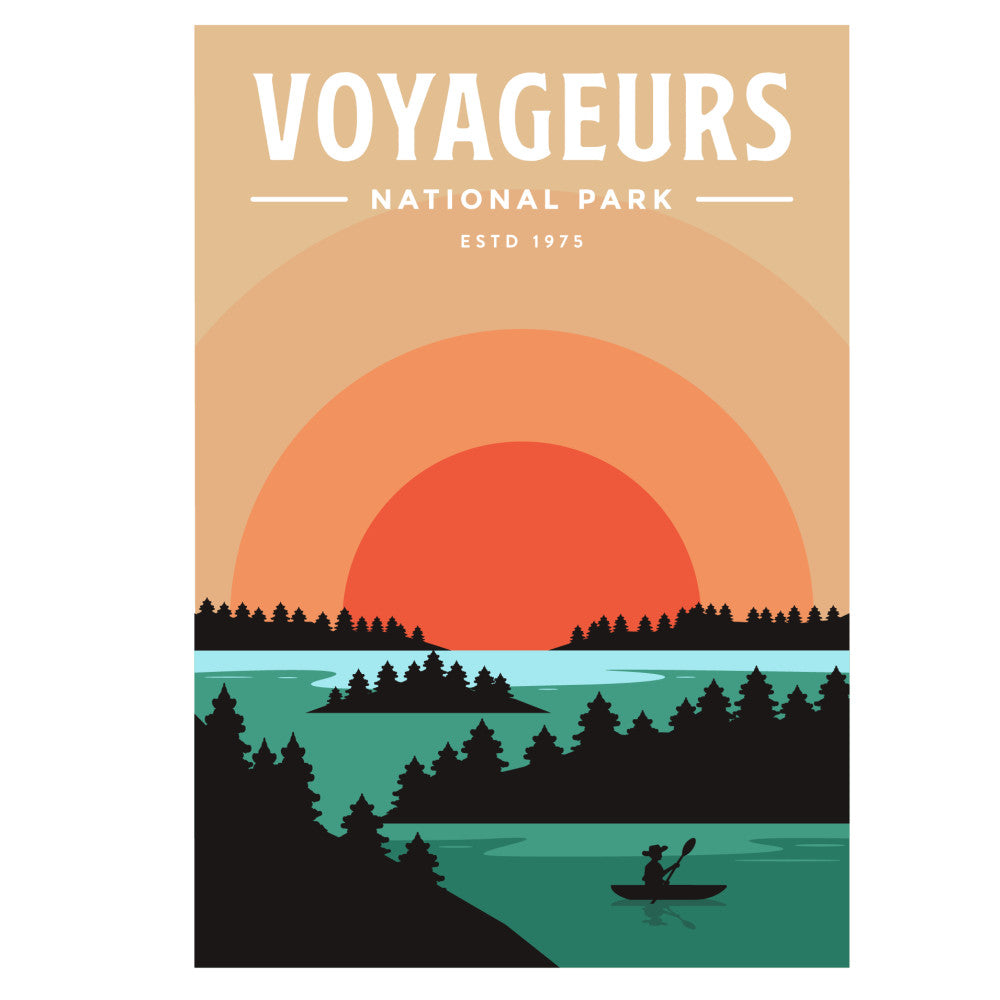 voyageurs national park, sunset, lake scene, canoe, outdoor adventure, nature landscape, forest silhouette, water scene, vintage poster, retro style, warm sunset colors, coral orange, burnt orange, sage green, teal blue, black silhouette, tan beige, sunset gradient, concentric circles, camping theme, wilderness, kayaking, boating, travel themed, national park, established 1975, scenic landscape, rustic outdoor, travel poster style, mid-century modern