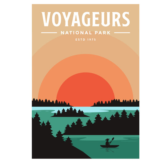 voyageurs national park, sunset, lake scene, canoe, outdoor adventure, nature landscape, forest silhouette, water scene, vintage poster, retro style, warm sunset colors, coral orange, burnt orange, sage green, teal blue, black silhouette, tan beige, sunset gradient, concentric circles, camping theme, wilderness, kayaking, boating, travel themed, national park, established 1975, scenic landscape, rustic outdoor, travel poster style, mid-century modern
