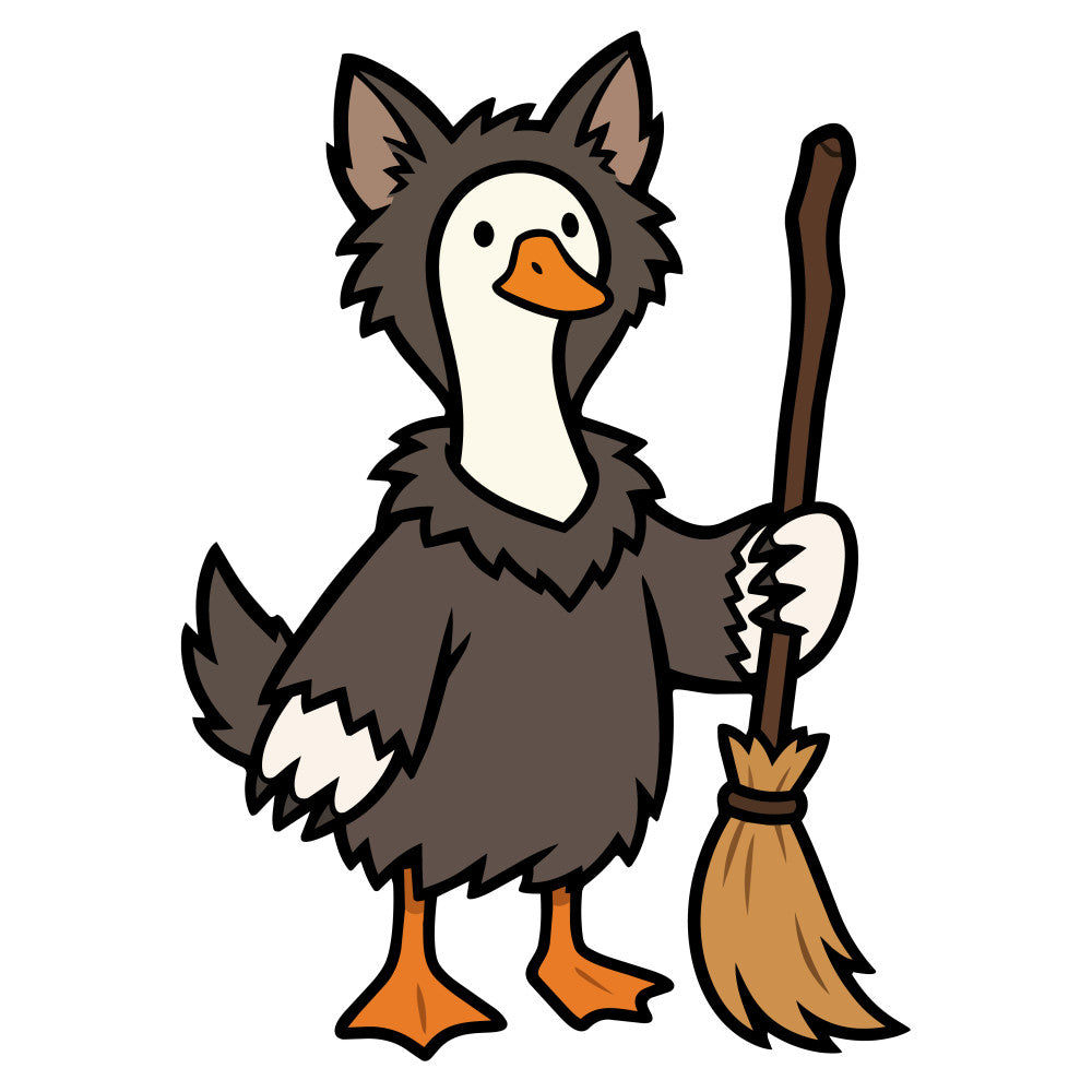 witch duck, halloween, autumn, fall, brown, cream, orange, tan, taupe, charcoal gray, animals, birds, waterfowl, whimsical, quirky, playful, spooky, festive, broomstick, magic, witchy, children's, kids, novelty, character panel, seasonal, october, harvest