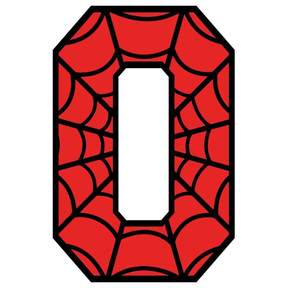 red, black, spider web pattern, number zero, alphabet panel, superhero theme, comic book style, geometric design, fabric panel, quilting cotton, children's fabric, novelty print, educational fabric, letter fabric, web design, octagonal shape, bright colors, craft fabric, sewing panel, applique design