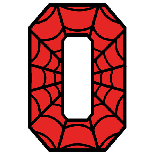 red, black, spider web pattern, number zero, alphabet panel, superhero theme, comic book style, geometric design, fabric panel, quilting cotton, children's fabric, novelty print, educational fabric, letter fabric, web design, octagonal shape, bright colors, craft fabric, sewing panel, applique design