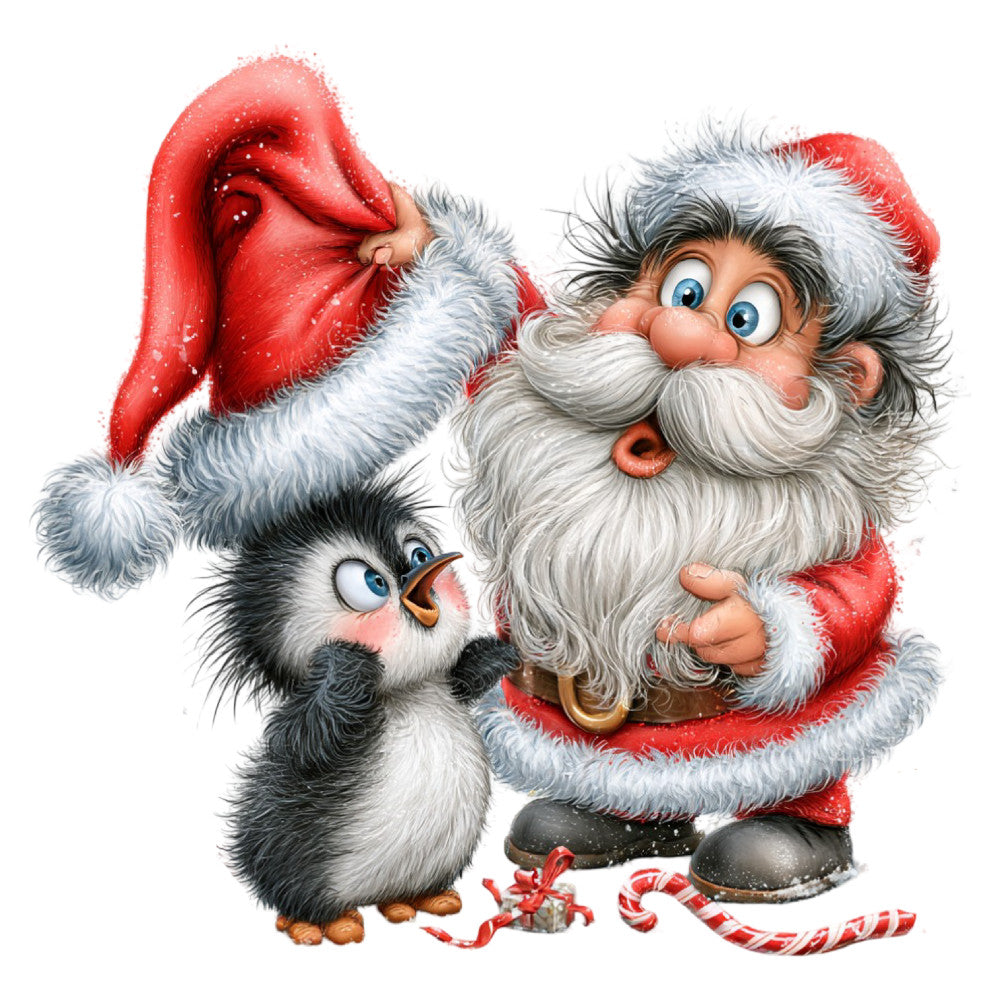santa claus, christmas, holiday, penguin, red, white, gray, black, cream, festive, whimsical, cute, children, kids, winter, candy cane, gift, cheerful, retro, vintage style, character panel, seasonal, decorative, playful, jolly, traditional christmas, snow theme, animal motifs, nostalgic