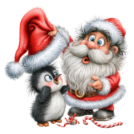 santa claus, christmas, holiday, penguin, red, white, gray, black, cream, festive, whimsical, cute, children, kids, winter, candy cane, gift, cheerful, retro, vintage style, character panel, seasonal, decorative, playful, jolly, traditional christmas, snow theme, animal motifs, nostalgic