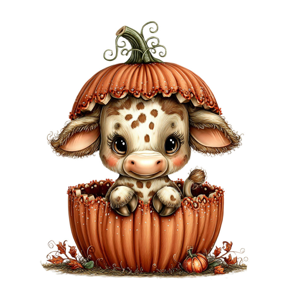 cute cow, pumpkin, autumn, fall, harvest, baby animals, farm animals, pastoral, whimsical, adorable, rust orange, cream, brown, tan, spotted cow, pumpkin spice, seasonal, children's, nursery, baby quilt, wall hanging, cottage core, farmhouse style, folk art, storybook, fantasy, magical realism, nature themed, animal characters, decorative panel