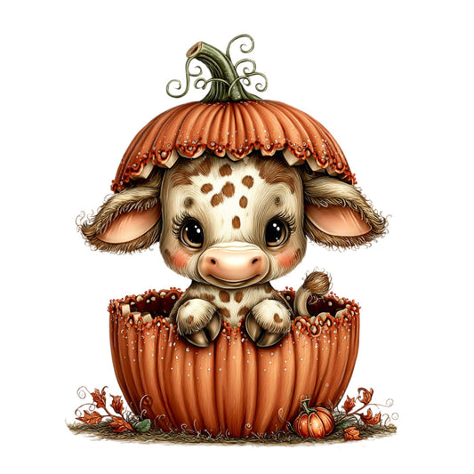cute cow, pumpkin, autumn, fall, harvest, baby animals, farm animals, pastoral, whimsical, adorable, rust orange, cream, brown, tan, spotted cow, pumpkin spice, seasonal, children's, nursery, baby quilt, wall hanging, cottage core, farmhouse style, folk art, storybook, fantasy, magical realism, nature themed, animal characters, decorative panel