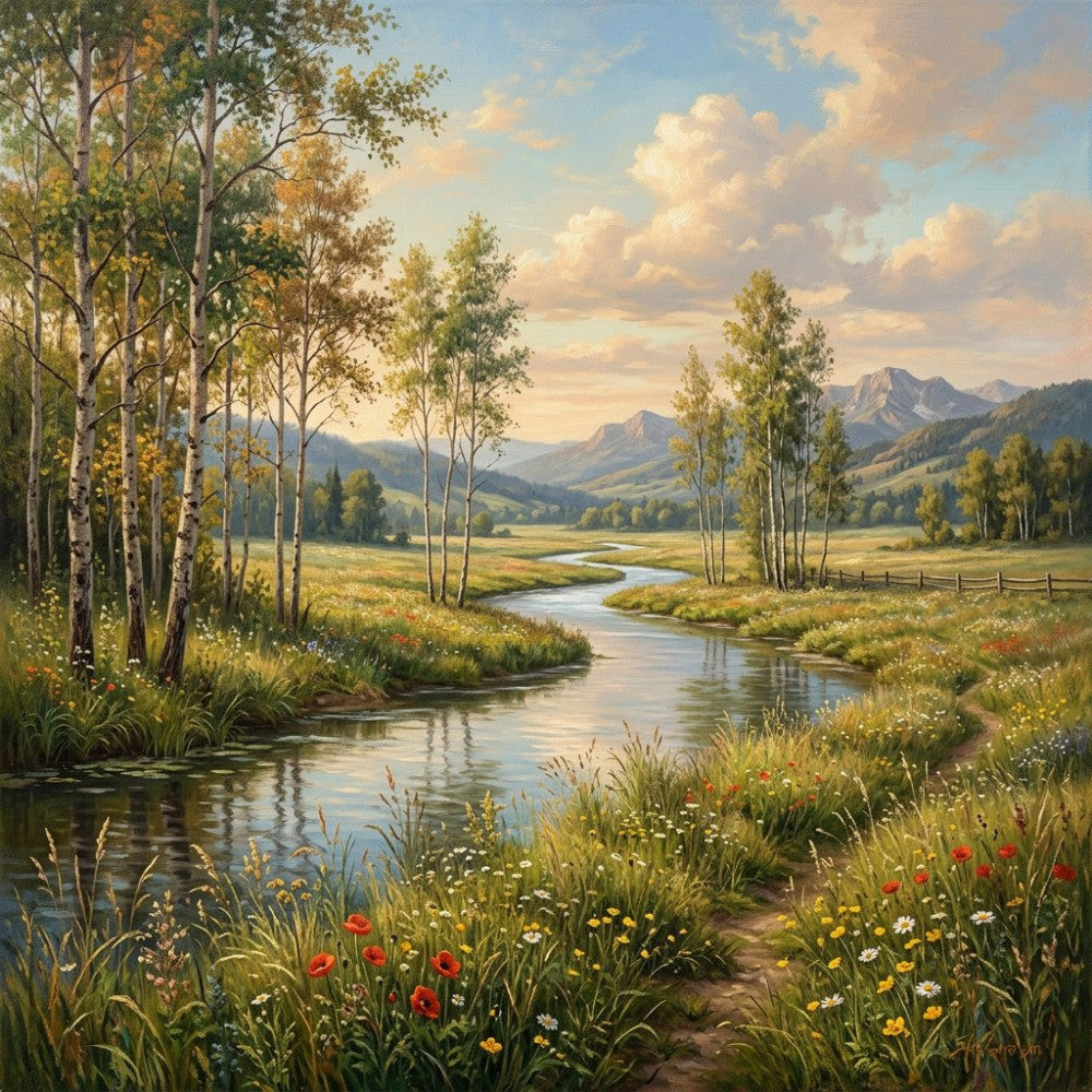 landscape, scenic, mountain, birch trees, aspen trees, wildflowers, meadow, pastoral, countryside, stream, river, nature, spring, summer, autumn, cream, sage green, golden yellow, sky blue, white clouds, red poppies, yellow daisies, traditional, rustic, peaceful, serene, outdoor scene, field of flowers, path, fence