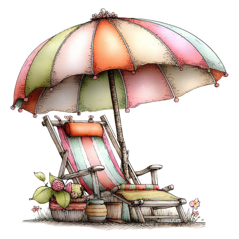 beach umbrella, parasol, deck chair, summer, vacation, travel, relaxed, whimsical, illustrative, coral pink, sage green, soft peach, cream, pastel colors, striped patterns, leisure, coastal, tropical, botanical, fruit basket, picnic, outdoor scene, vintage style, nostalgic, charming, decorative illustration, relaxation theme, nature inspired, botanical elements, floral accents