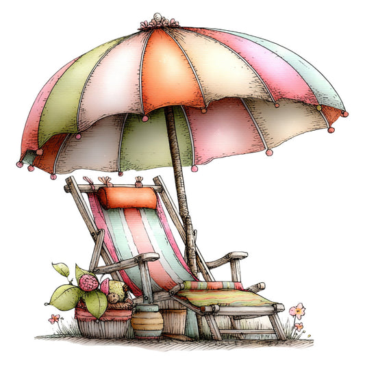 beach umbrella, parasol, deck chair, summer, vacation, travel, relaxed, whimsical, illustrative, coral pink, sage green, soft peach, cream, pastel colors, striped patterns, leisure, coastal, tropical, botanical, fruit basket, picnic, outdoor scene, vintage style, nostalgic, charming, decorative illustration, relaxation theme, nature inspired, botanical elements, floral accents