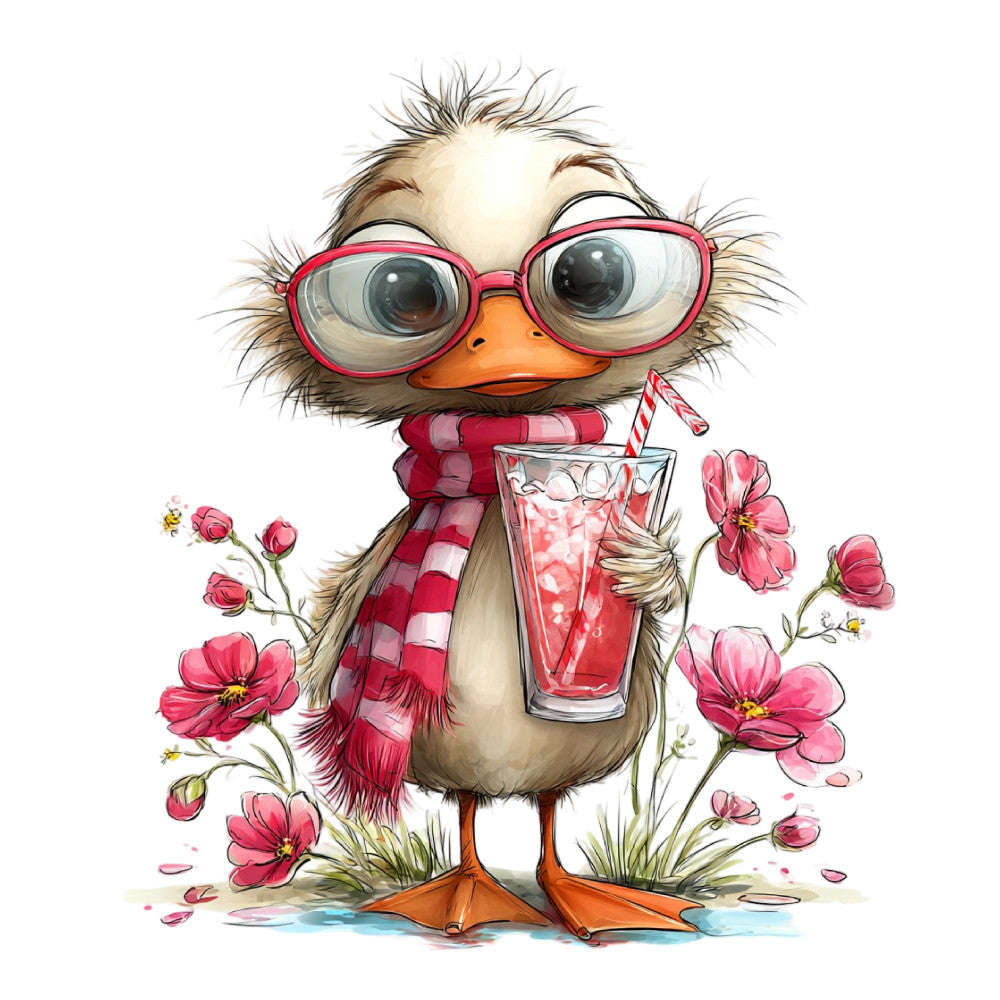 whimsical bird, cute ostrich, red glasses, pink flowers, cosmos flowers, coral orange, dusty rose, cream white, brown feathers, striped scarf, children's illustration, playful characters, spring theme, summer style, garden florals, nature-inspired, animal characters, beverage drink, whimsical style, modern illustration, character panel, cheerful design, kid-friendly, decorative birds, floral borders, botanical elements, contemporary whimsy, illustrated animals