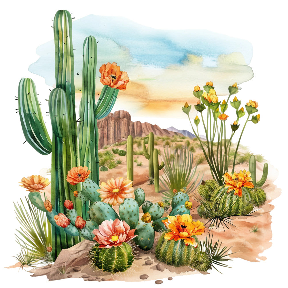 watercolor, desert landscape, saguaro cactus, prickly pear, orange flowers, coral blooms, sage green, turquoise blue, sandy beige, mountain backdrop, southwestern scene, botanical illustration, summer vibes, fabric panel, quilting cotton, nature motifs, arid plants, sunset colors, desert flora, landscape art