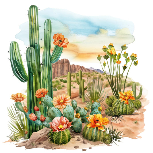 watercolor, desert landscape, saguaro cactus, prickly pear, orange flowers, coral blooms, sage green, turquoise blue, sandy beige, mountain backdrop, southwestern scene, botanical illustration, summer vibes, fabric panel, quilting cotton, nature motifs, arid plants, sunset colors, desert flora, landscape art