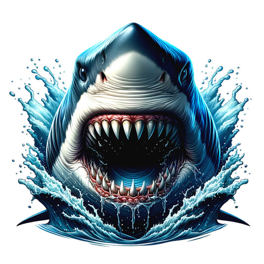 shark, angry shark, marine animal, ocean predator, blue, teal, white, black, red gums, sharp teeth, open mouth, water splash, fabric panel, quilting cotton, sea creature, oceanic theme, fierce expression, aquatic design, swimming, underwater scene
