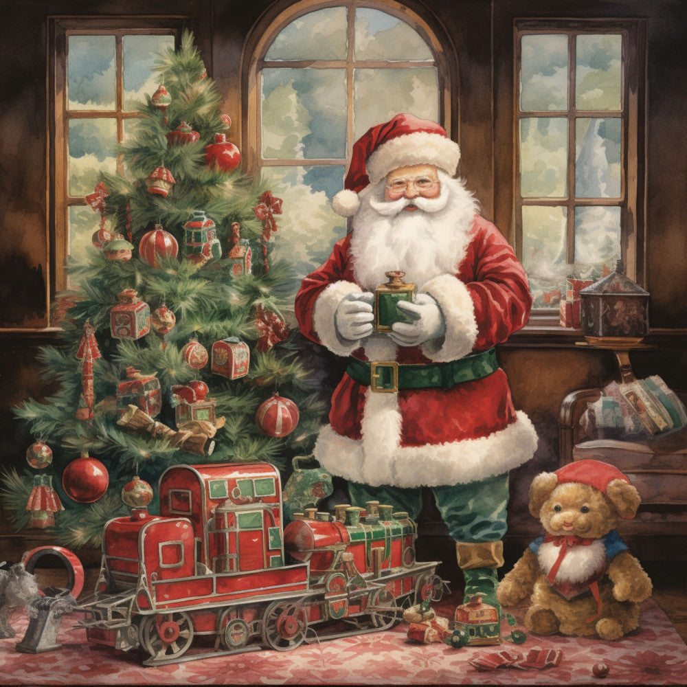 santa claus, christmas tree, red train, teddy bear, fabric panel, holiday scene, red and green, vintage illustration, toy train, christmas ornaments, winter scene, nostalgic artwork, quilting fabric, festive colors, christmas morning, santa's workshop, holiday decorations, seasonal panel, christmas gifts, warm lighting