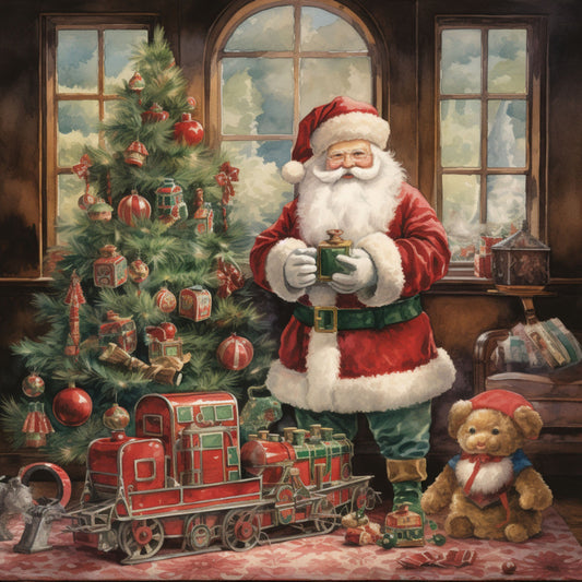 santa claus, christmas tree, red train, teddy bear, fabric panel, holiday scene, red and green, vintage illustration, toy train, christmas ornaments, winter scene, nostalgic artwork, quilting fabric, festive colors, christmas morning, santa's workshop, holiday decorations, seasonal panel, christmas gifts, warm lighting