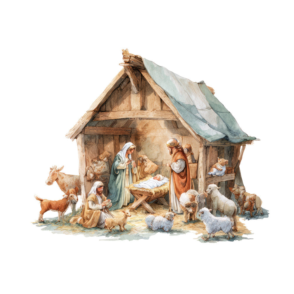 nativity, religious, christmas, holy night, manger scene, baby jesus, mary and joseph, animals, farm animals, sheep, goats, donkey, stable, barn, rustic, traditional, vintage, muted tones, cream, tan, beige, soft blue, green, warm earth tones, winter, holiday, spiritual, peaceful, gentle, storybook illustration