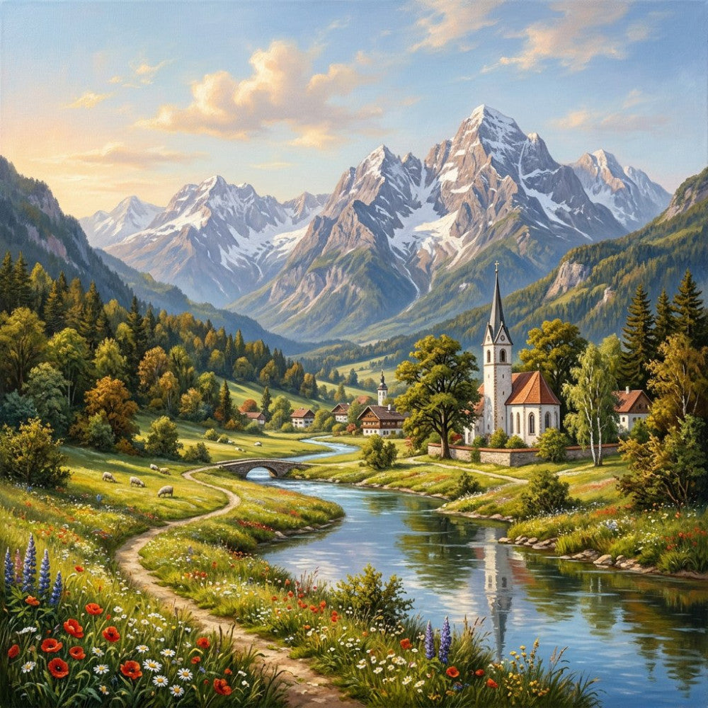 alpine landscape, mountain scenery, snow-capped peaks, meadow flowers, wildflowers, church steeple, village scene, pastoral countryside, forest green, sage green, cream white, sky blue, golden yellow, rust brown, traditional, scenic, nature, landscape, european, bavarian, peaceful, tranquil, summer, spring, cottage core, farmhouse, wall hanging, large scale pattern, poppy flowers, evergreen trees