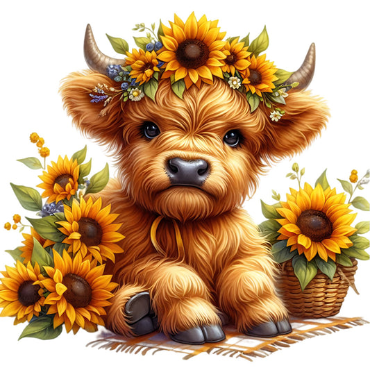 Sunflower Highland Cows Fabric Panel 12 features a cute highland cow with sunflowers and vibrant quilting cotton print.