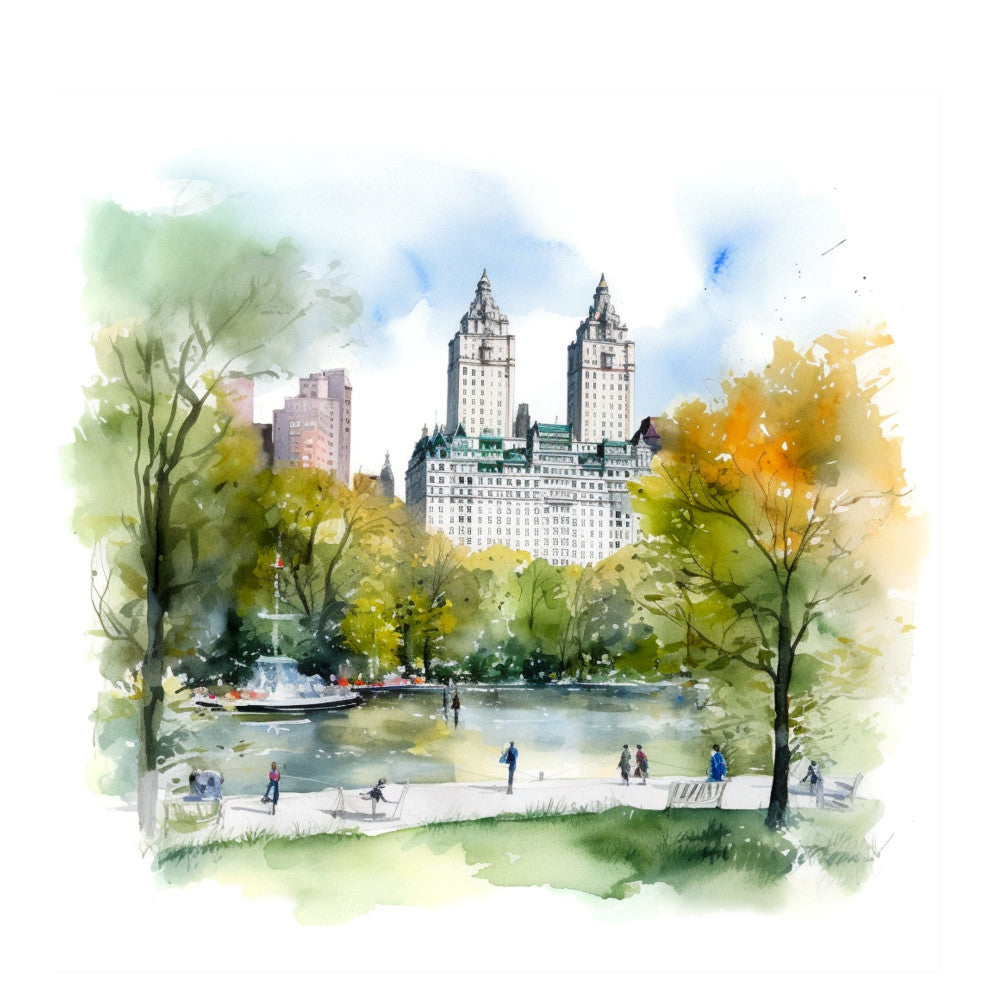 watercolor, cityscape, urban landscape, park scene, architecture, skyline, central park, spring, summer, soft green, sage green, pale yellow, soft blue, cream, ivory, white, landscape painting, nature scene, romantic, elegant, scenic, buildings, trees, water feature, lake, pond, impressionist style, artistic, peaceful, relaxing
