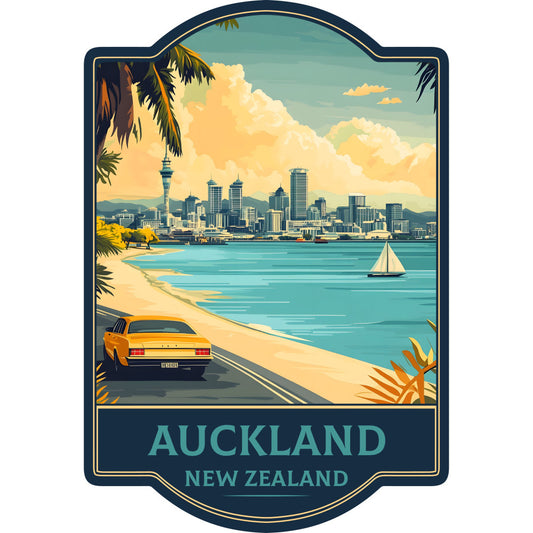 auckland, new zealand, travel, vintage travel poster, retro, art deco, nautical, coastal, beach scene, turquoise blue, teal, golden yellow, cream, navy blue, sandy beige, skyline, city skyline, sailboat, palm fronds, tropical, summer, sunny, classic, nostalgic, mid-century modern, scenic, landscape, decorative panel, wall hanging, home decor