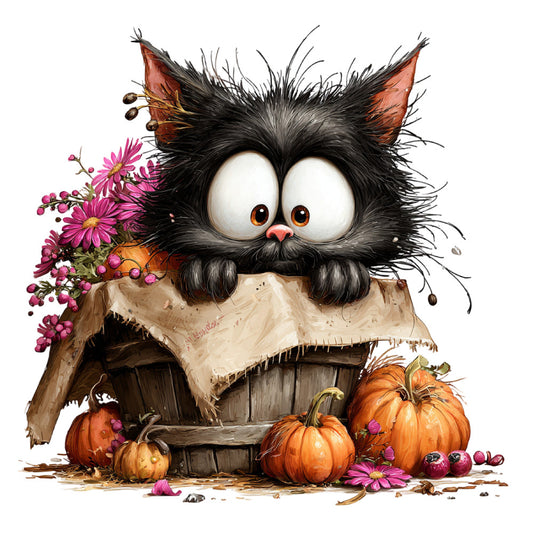 black cat, burnt orange, coral pink, magenta, rustic brown, tan, whimsical, autumn, fall, halloween, harvest, pumpkin, flowers, daisies, floral, cat face, animal, farmhouse, cottage core, folk art, quirky, playful, cute, seasonal, thanksgiving, nature, orange pumpkins, pink flowers, decorative panel, wall art