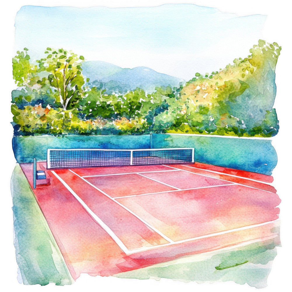 tennis court, watercolor, landscape, water view, blue water, coral pink, sage green, soft yellow, mountain backdrop, nature scene, sports themed, recreational, scenic, impressionist, artistic, garden setting, serene, peaceful, lakeside, waterfront, outdoor activity, spring, summer, contemporary, whimsical, botanical, soft colors, pastel palette, wall hanging, home decor