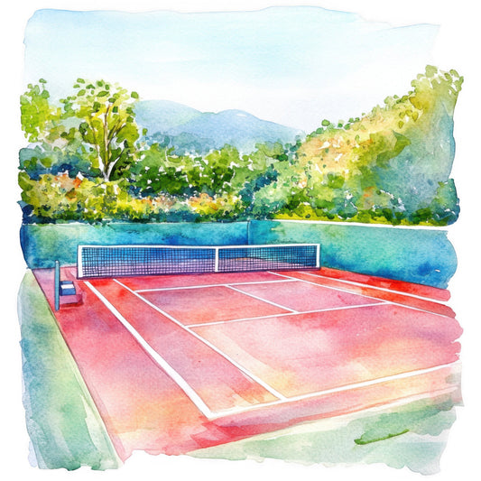 tennis court, watercolor, landscape, water view, blue water, coral pink, sage green, soft yellow, mountain backdrop, nature scene, sports themed, recreational, scenic, impressionist, artistic, garden setting, serene, peaceful, lakeside, waterfront, outdoor activity, spring, summer, contemporary, whimsical, botanical, soft colors, pastel palette, wall hanging, home decor