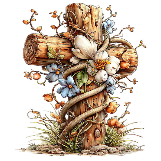 wooden cross, floral arrangement, blue flowers, white blossoms, orange berries, brown wood grain, twisted vines, fabric panel, watercolor style, religious motif, botanical elements, rustic design, earth tones, quilting cotton, spring blooms, nature inspired, cross stitch pattern, pastoral scene, wildflowers, decorative branches