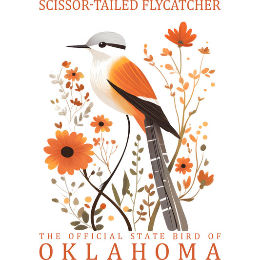 state bird, scissor-tailed flycatcher, oklahoma, orange, coral, brown, gray, white, botanical, wildflowers, daisy flowers, bird illustration, nature motif, fabric panel, quilting cotton, prairie flowers, orange blossoms, folk art style, decorative stems, warm tones, artistic birds
