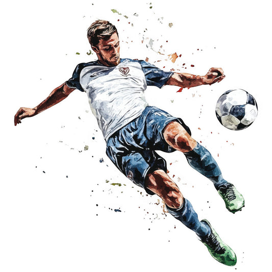 soccer, football, sports, athlete, action, dynamic, blue and white, navy blue, white, black, green, red, watercolor, splatter, paint splash, abstract, modern, athletic, masculine, team sports, ball sport, youth sports, active lifestyle, energetic, contemporary, sports enthusiast, gift, wall art, home decor