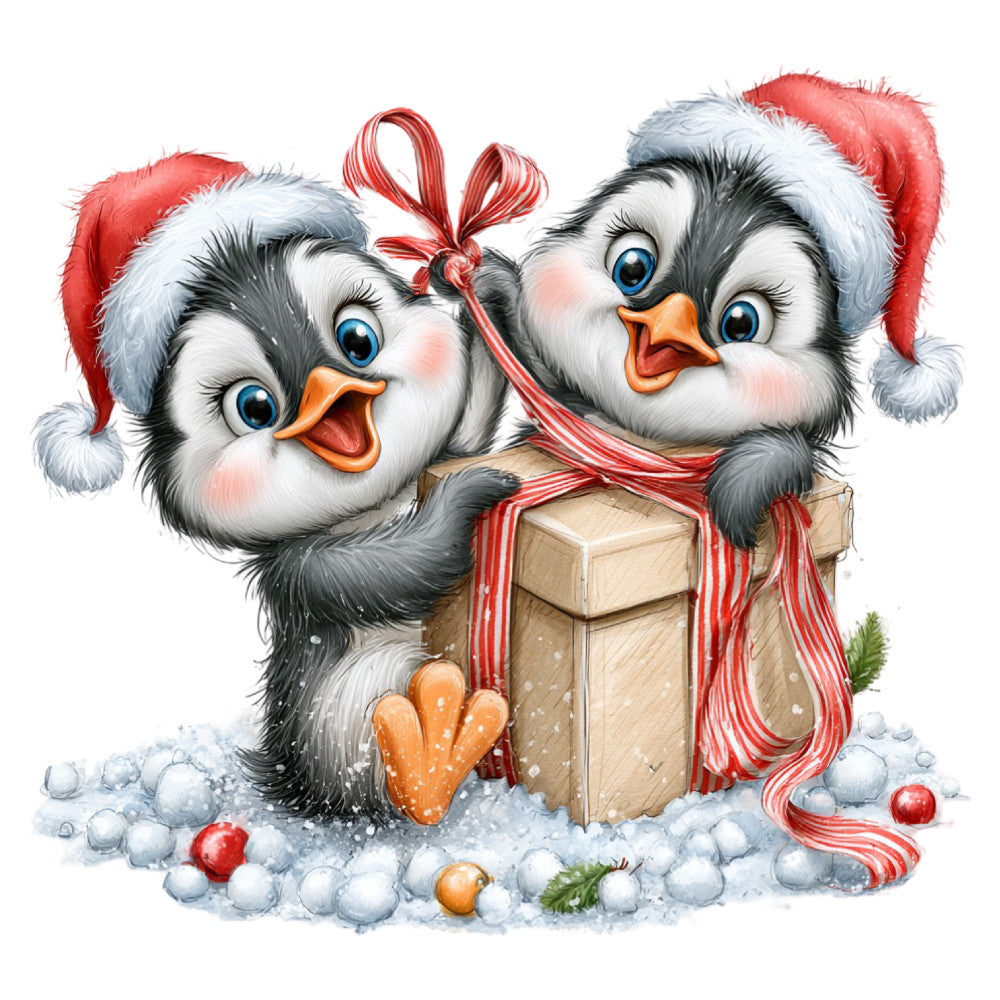 christmas penguins, holiday penguins, santa hats, red and white, black and white, cream, orange beaks, festive animals, christmas animals, winter scene, snow, red ribbon, gift box, whimsical, cute, playful, cheerful, seasonal, christmas fabric, holiday fabric, winter fabric, december, december holidays, animal characters, bird motifs, family, togetherness, gift wrapping, decorative, traditional christmas
