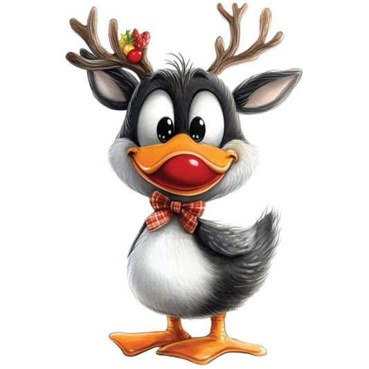 whimsical duck, reindeer antlers, christmas themed, holiday character, orange beak, red bow tie, gray feathers, white chest, orange webbed feet, cartoon style, festive decoration, seasonal motif, fabric panel, quilting cotton, playful design, winter holiday, cheerful expression, mixed animal features, craft project, sewing panel