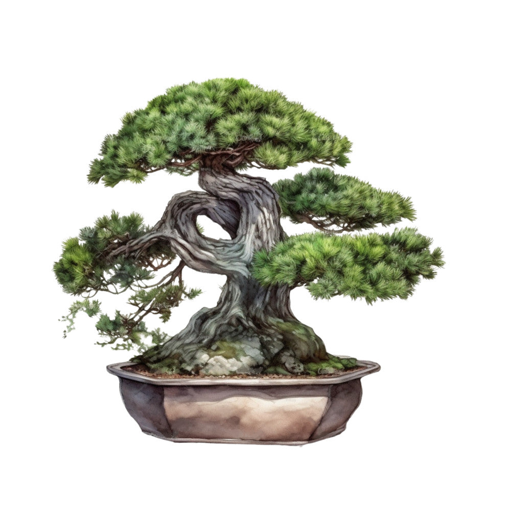 bonsai tree, forest green, sage green, brown trunk, twisted branches, needle foliage, ceramic pot, beige pot, botanical illustration, zen garden, miniature tree, japanese style, peaceful mood, nature scene, fabric panel, quilting cotton, watercolor style, organic shapes, earth tones, serene atmosphere