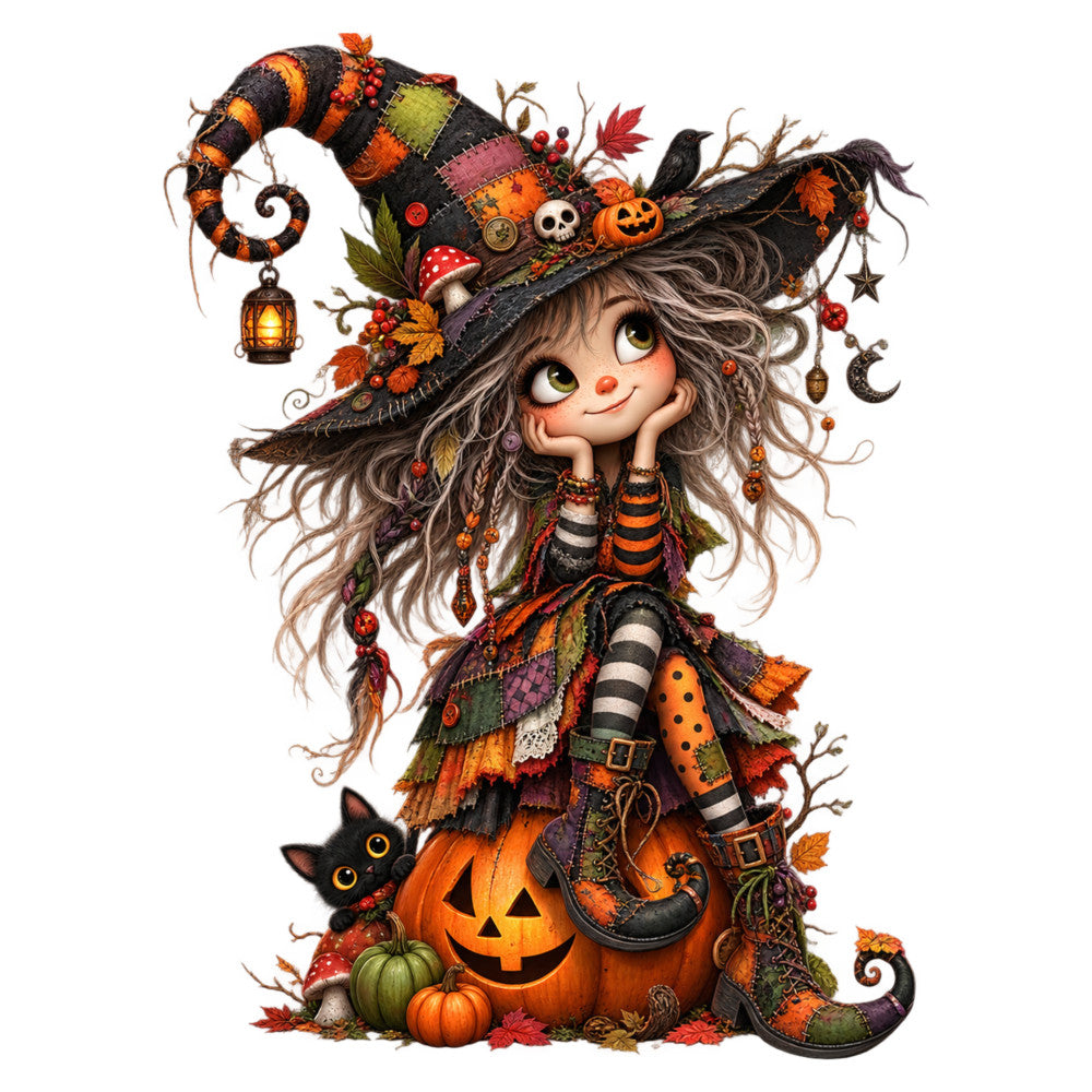 halloween witch, orange pumpkin, black cat, autumn fall, whimsical, witch hat, striped stockings, patchwork, forest green, burnt orange, deep purple, red accents, cream, decorative lantern, moon stars, mushroom, leaves, berries, folk art, vintage halloween, festive, playful, quirky, magical, seasonal, harvest theme, jack-o-lantern, nature inspired, gothic whimsical, wall hanging