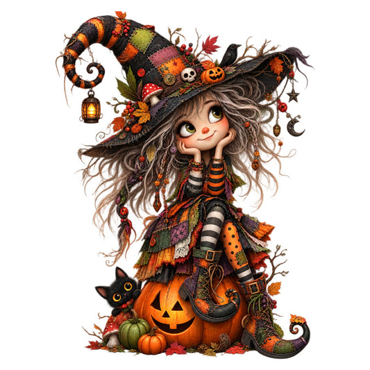 halloween witch, orange pumpkin, black cat, autumn fall, whimsical, witch hat, striped stockings, patchwork, forest green, burnt orange, deep purple, red accents, cream, decorative lantern, moon stars, mushroom, leaves, berries, folk art, vintage halloween, festive, playful, quirky, magical, seasonal, harvest theme, jack-o-lantern, nature inspired, gothic whimsical, wall hanging