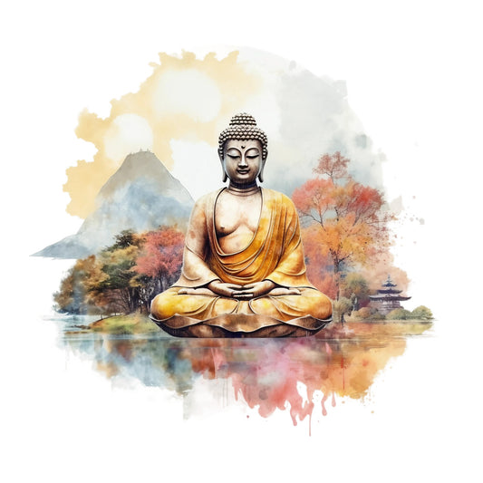 watercolor, buddha, meditation, golden yellow, orange, coral, blue, gray, autumn colors, serene, peaceful, lotus position, mountains, trees, pagoda, reflection, water, spiritual, zen, fabric panel, quilting cotton, buddhist, tranquil, nature scene, sitting buddha, warm tones, cool blues, artistic, contemplative