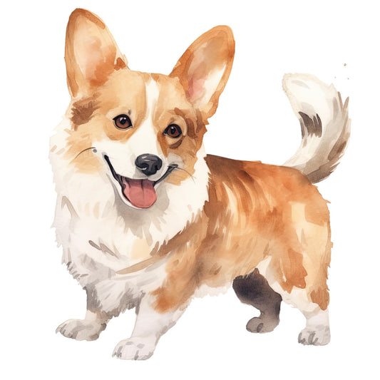 Watercolor Dogs Fabric Panel 23 featuring a cheerful, detailed corgi in warm brown and white tones on premium quilting cotton.