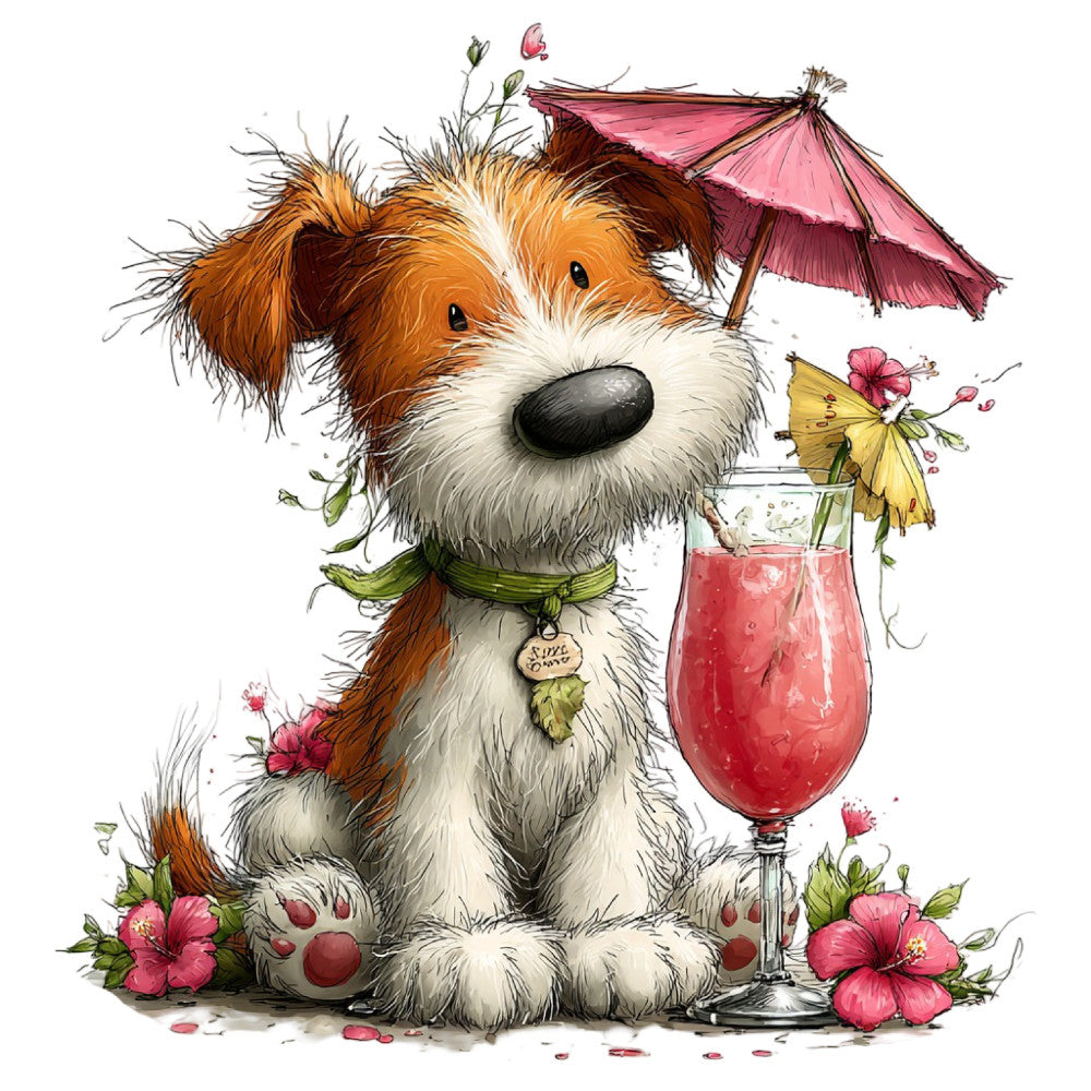 dog, puppy, whimsical, cute animals, terrier, brown and white, cream, coral pink, hot pink, yellow, cocktail, tropical, summer, spring, flowers, hibiscus, umbrella, decorative, playful, cheerful, fun, illustration, animal lover, children's, feminine, vibrant, garden theme, beverage, resort wear, vacation