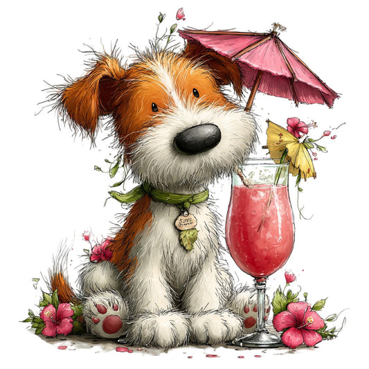 dog, puppy, whimsical, cute animals, terrier, brown and white, cream, coral pink, hot pink, yellow, cocktail, tropical, summer, spring, flowers, hibiscus, umbrella, decorative, playful, cheerful, fun, illustration, animal lover, children's, feminine, vibrant, garden theme, beverage, resort wear, vacation