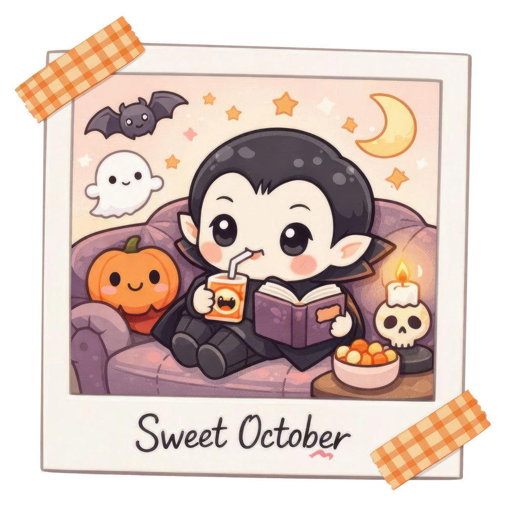 halloween, october, vampire, cute, kawaii, whimsical, autumn, fall, seasonal, pumpkin, ghost, bat, moon, stars, candle, skull, book, cozy, spooky, trick or treat, orange, purple, cream, black, dusty rose, mauve, couch scene, reading, beverage, candy corn