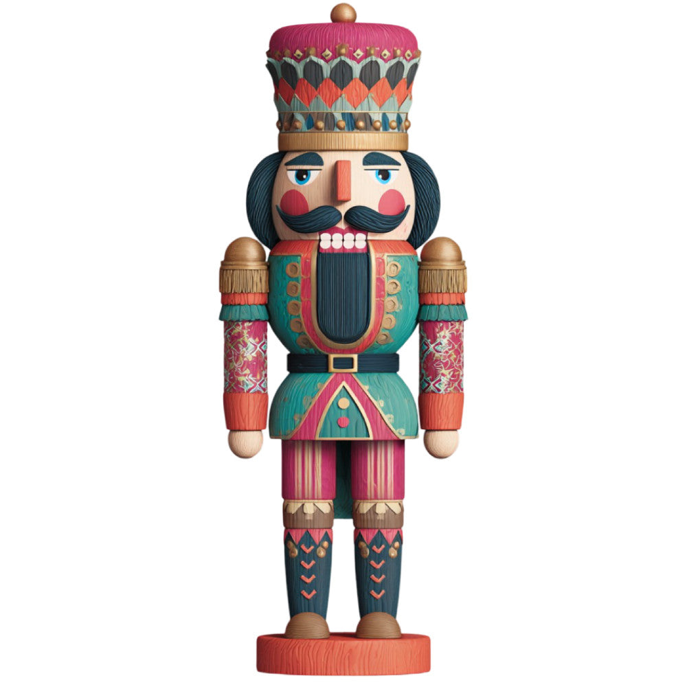 nutcracker, holiday, christmas, soldier, traditional, whimsical, festive, teal, magenta, coral, gold, navy, geometric patterns, striped, ornamental, decorative, vintage, toy soldier, winter, seasonal, dimensional, colorful, folk art, classic, decorative panel, wall hanging, festive decor, embellished