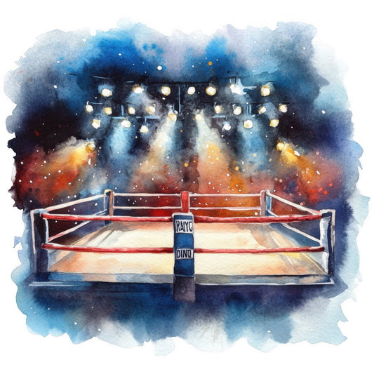 boxing ring, wrestling, sports, dramatic lighting, stage lights, watercolor, abstract, blue, gold, red, orange, warm tones, cool tones, atmospheric, moody, vintage sports, retro, entertainment, arena, performance, masculine, bold, dynamic, action, energetic, wall art, home decor, sports enthusiast, novelty, illustration style