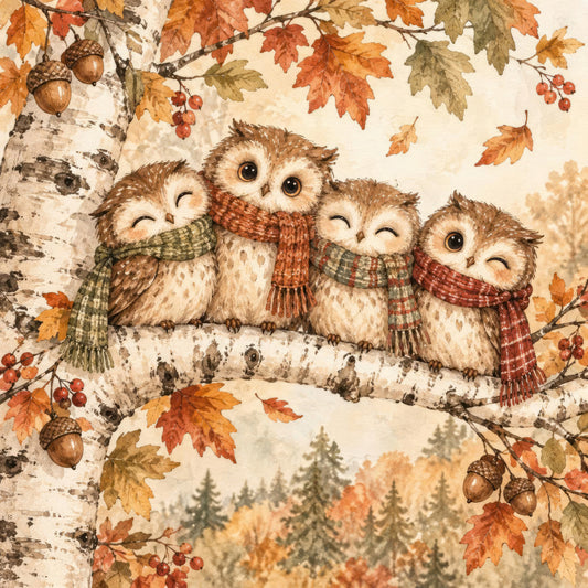 autumn owls, fall leaves, cozy scarves, woodland animals, birch trees, forest scene, warm neutrals, rust orange, sage green, cream beige, acorns, berries, rustic style, whimsical animals, nature themed, seasonal, thanksgiving, fall harvest, cottage core, traditional, children's fabric, storybook illustration, cozy autumn, warm tones, cute owls, forest creatures, autumn foliage, sweater knit scarves